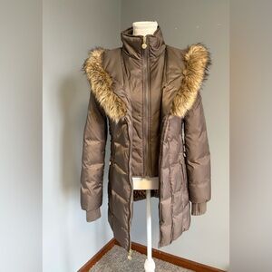 Betsey Johnson Faux-Fur Hooded Corset Lace-Up Puffer Coat. Brown. Small. NWT.